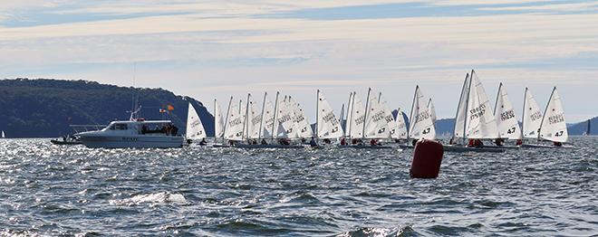 Thirty Laser 4.7's jostle for position at the 2016 East Coast Championships © Julie Derry